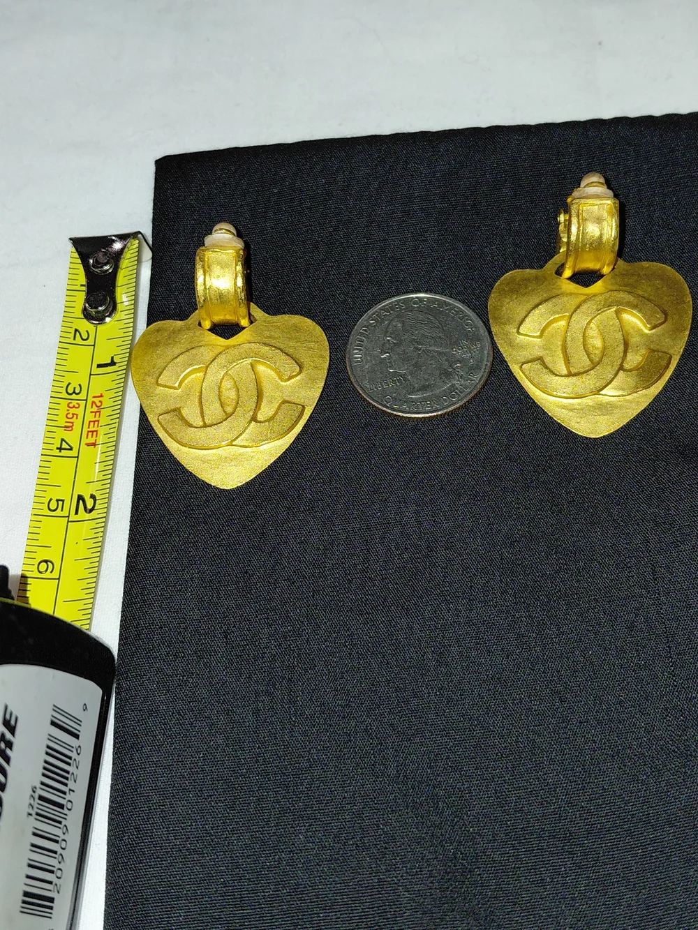 VTG Chanel Brushed Gold Heart CC Logo Clip On Drop Dangle Earrings. VGVC!
